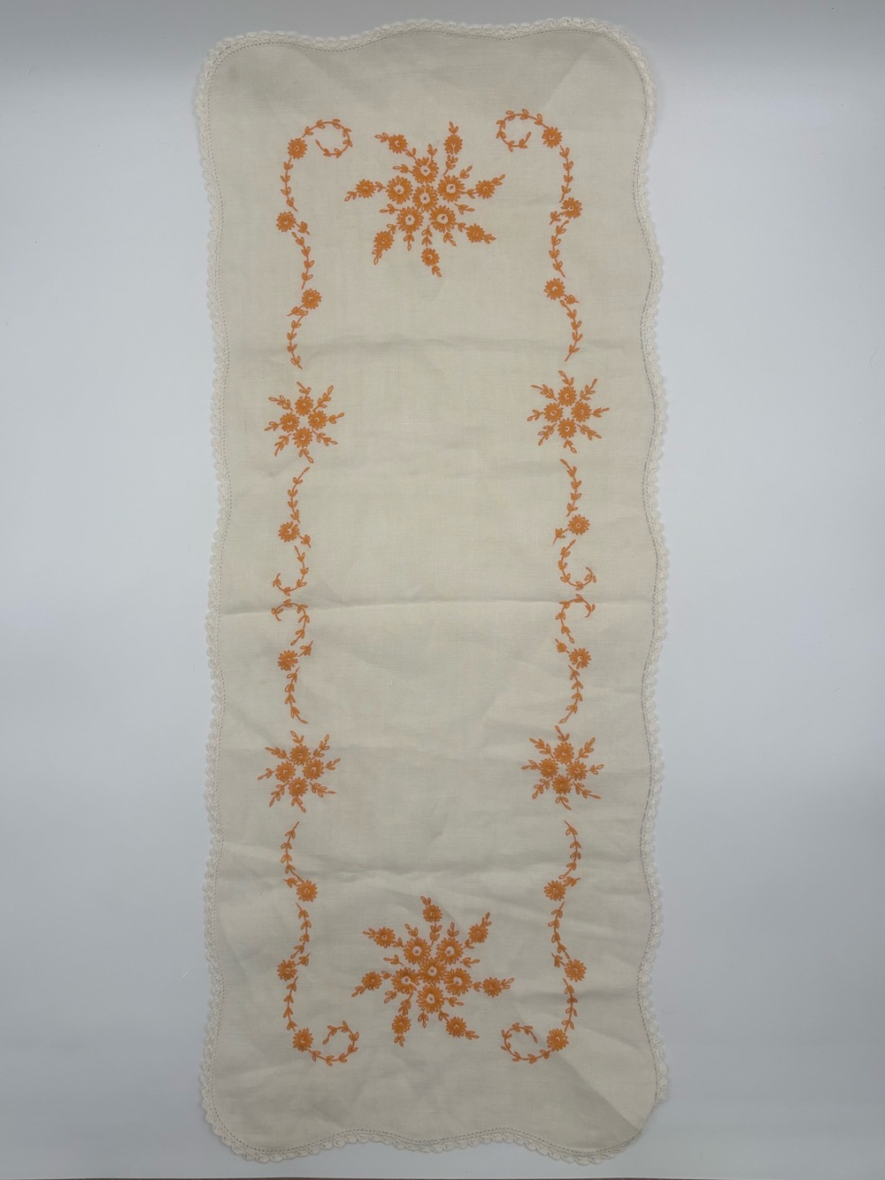 Vintage Embroidered Linen Table Runner Orange Floral Crochet Edge 15x38 Cottage